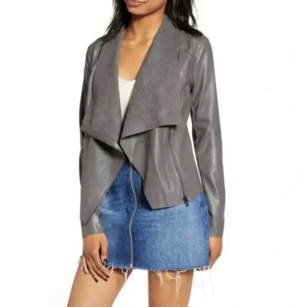 NWT Blank NYC gray Drape front asymmetrical zip up faux leather Moto jacket. S